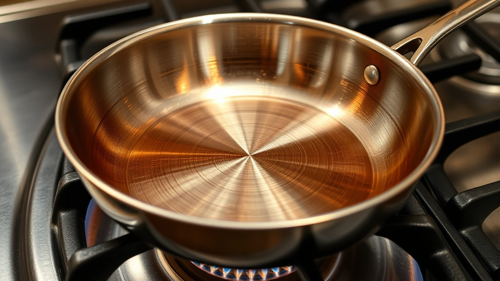 Close-up of copper-core pan bottom showing heat distribution pattern, resting on gas stove grate with flame visible beneath, detailed metallic surface