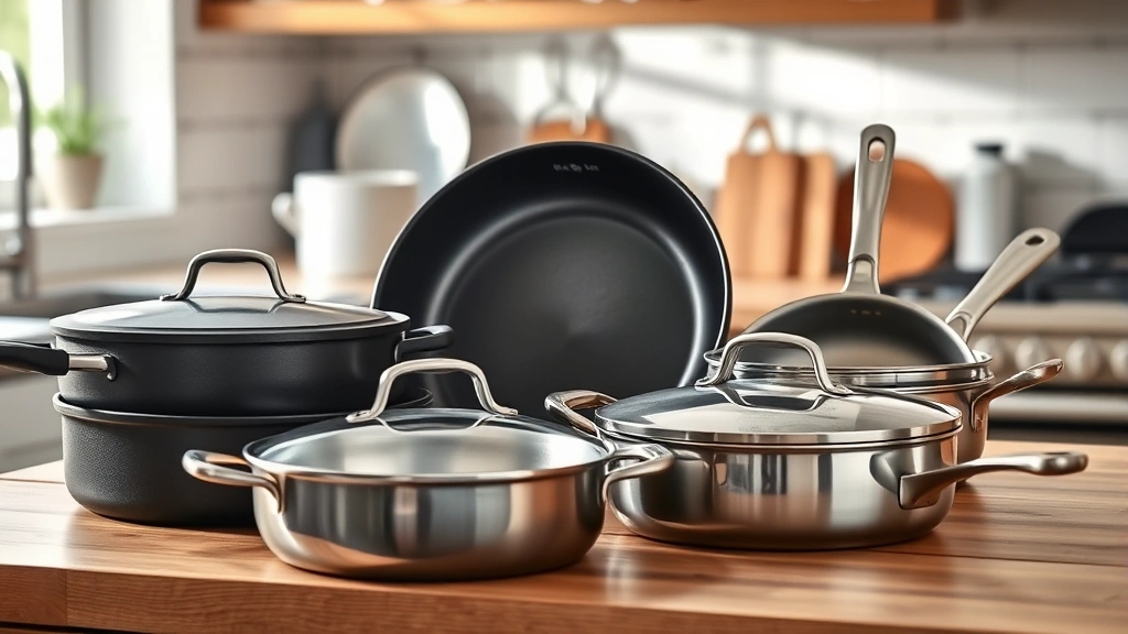 Collection of different pan types (cast iron, stainless steel, carbon steel, hard-anodized aluminum) displayed together on wooden kitchen counter with soft natural light