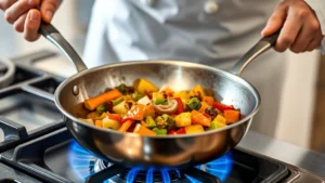 Professional chef sautéing vegetables in stainless steel pan over blue gas flame, showing even heat distribution and food browning, natural kitchen lighting