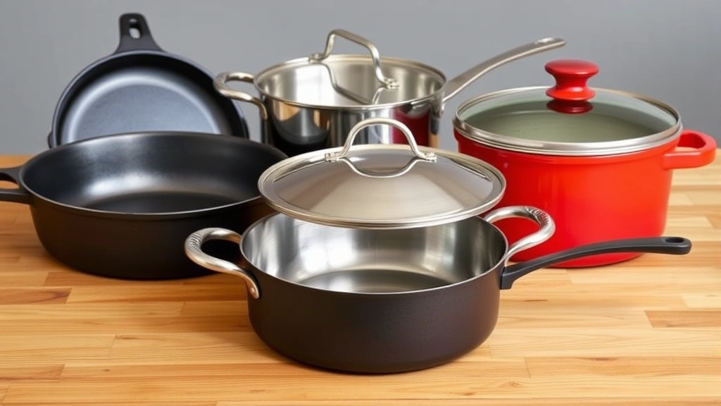 Collection of quality cookware including cast iron skillet, stainless steel saucepan with lid, and enameled Dutch oven arranged on wooden counter surface