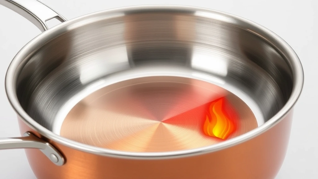 Close-up of thick-bottomed cookware showing tri-ply construction with copper, aluminum and stainless steel layers, cross-section view demonstrating heat distribution technology