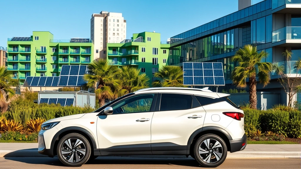 Modern compact SUV parked in sustainable urban environment with green buildings and solar panels visible in background, showcasing eco-conscious transportation in city setting