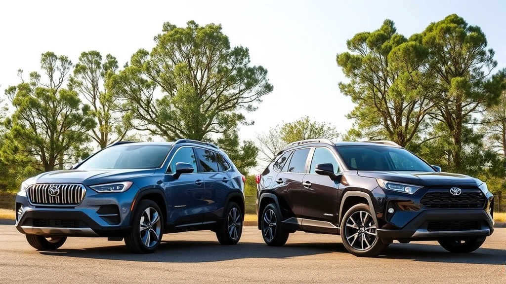 Side-by-side comparison of different SUV models lined up outdoors showing size variation from compact to midsize vehicles in natural daylight with trees
