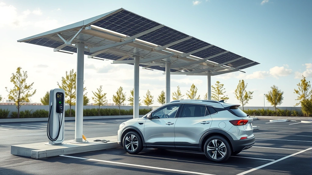 Hybrid SUV charging station in modern parking lot with electric vehicle infrastructure, renewable energy panels overhead, demonstrating sustainable transportation infrastructure