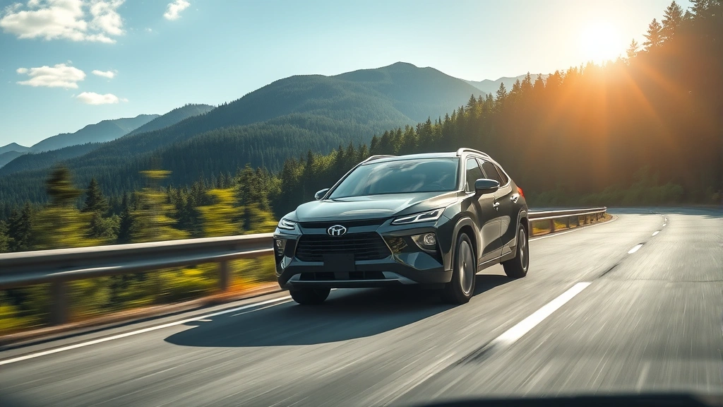 Modern fuel-efficient hybrid SUV driving on scenic highway surrounded by green forests and mountains, sunlight reflecting off windshield, demonstrating eco-conscious transportation