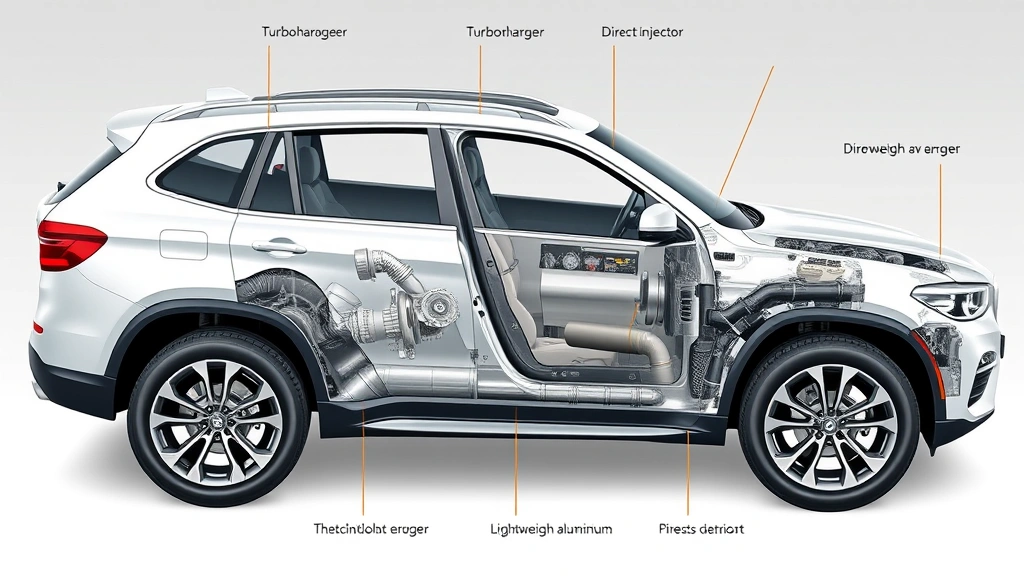 Cutaway technical illustration showing SUV engine components including turbocharger, direct injection system, and lightweight aluminum parts highlighted in cross-section view