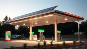 Modern eco-conscious gas station with solar panels on roof, LED lighting, electric vehicle charging stations visible, clean landscaping with native plants, professional photography showing sustainable infrastructure integration