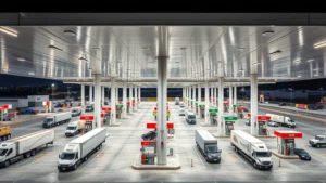 Massive modern fuel station with dozens of pump islands under bright canopy, trucks and cars refueling simultaneously, clean lines and contemporary architecture, daytime, wide-angle view showing scale and activity