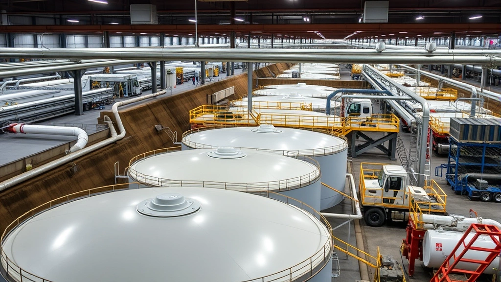 Large fuel distribution facility with underground storage tanks, pipeline infrastructure, and modern monitoring systems visible, clean industrial setting, professional maintenance equipment, strategic logistics hub appearance