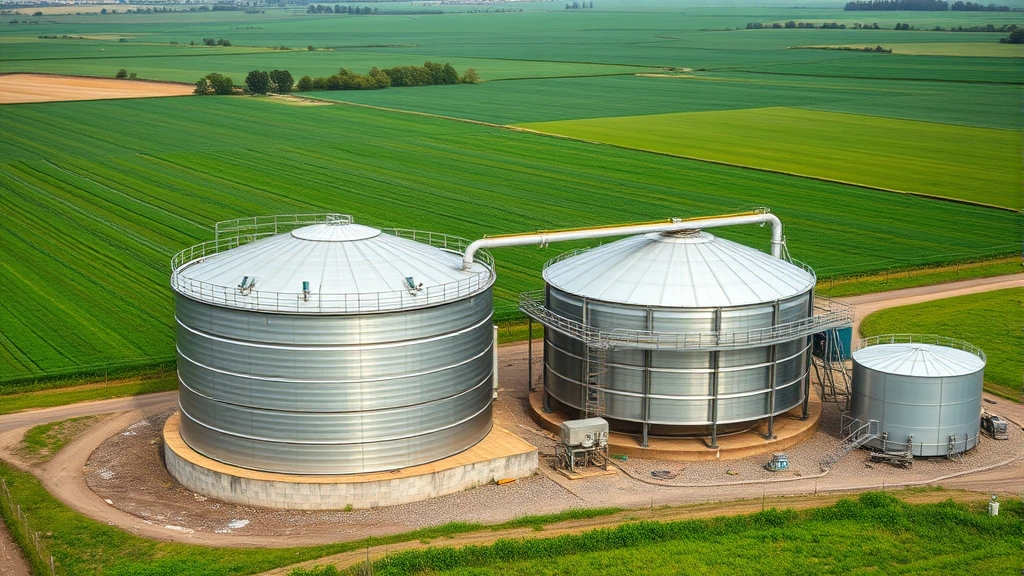 Anaerobic digester facility with steel tanks processing organic agricultural waste into biogas energy, rural farmland setting with green fields, photorealistic industrial sustainability infrastructure
