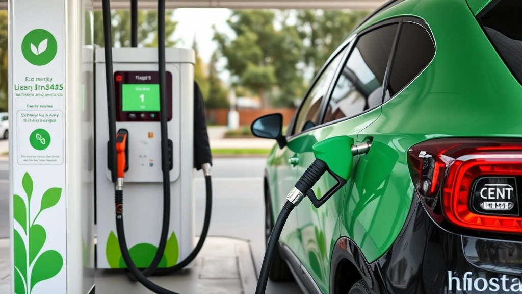 Biogas vehicle refueling at station with biomethane pump, clean energy transportation, modern eco-friendly fuel infrastructure in urban environment