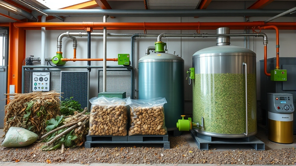 Biogas production facility with circular economy waste-to-energy process showing organic materials being converted to renewable fuel, environmental remediation in action