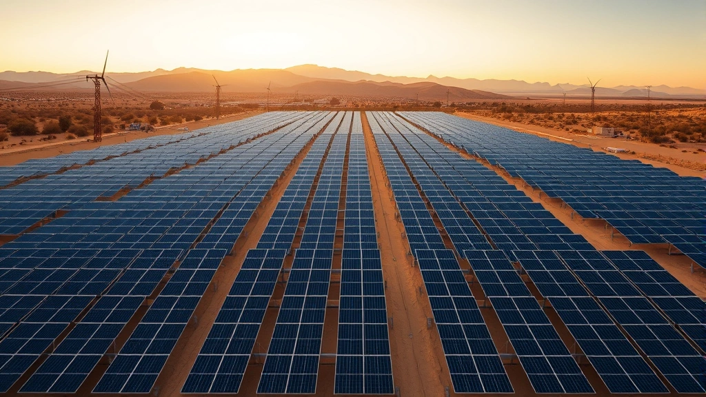 Aerial view of vast solar panel array in desert landscape with mountains background, photorealistic, golden hour lighting, no text or labels visible