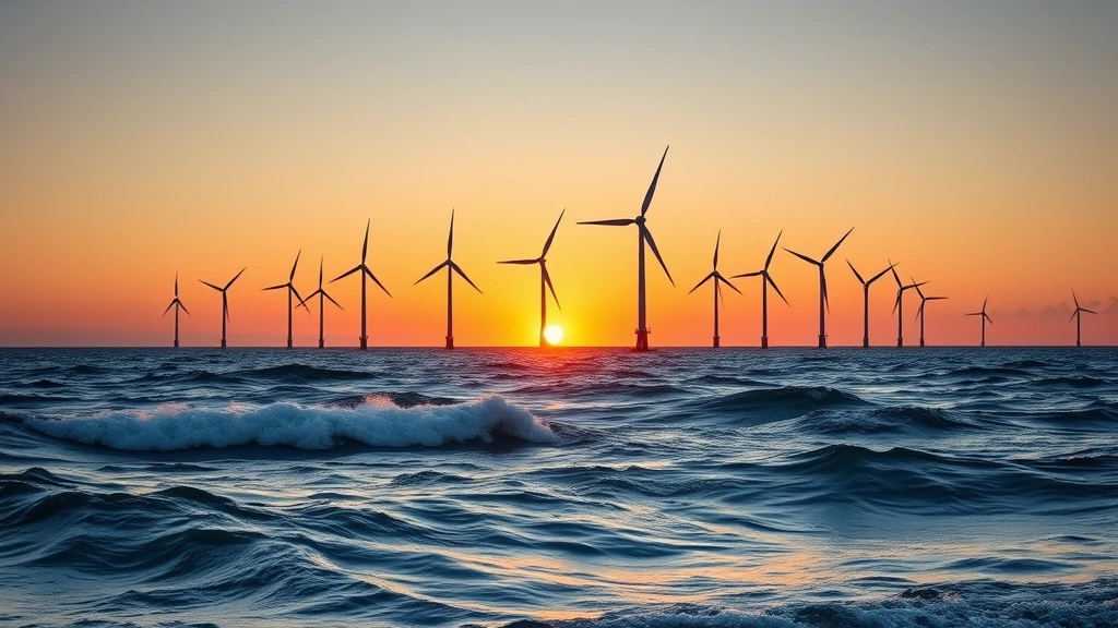Offshore wind turbines in ocean during sunset with waves and clear sky, photorealistic composition, no visible signage or text elements