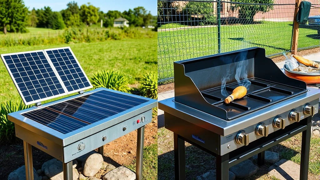 Comparison scene split showing electric griddle powered by solar panels on left side with renewable energy setup, and traditional natural gas griddle on right side, both in outdoor cooking environment with clear visual distinction