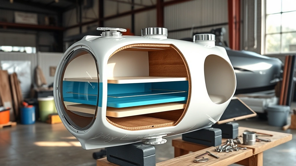 Modern fiberglass composite boat fuel tank cross-section showing multi-layer construction, displayed in professional marine workshop setting with tools nearby, natural lighting highlighting structural integrity and durability features