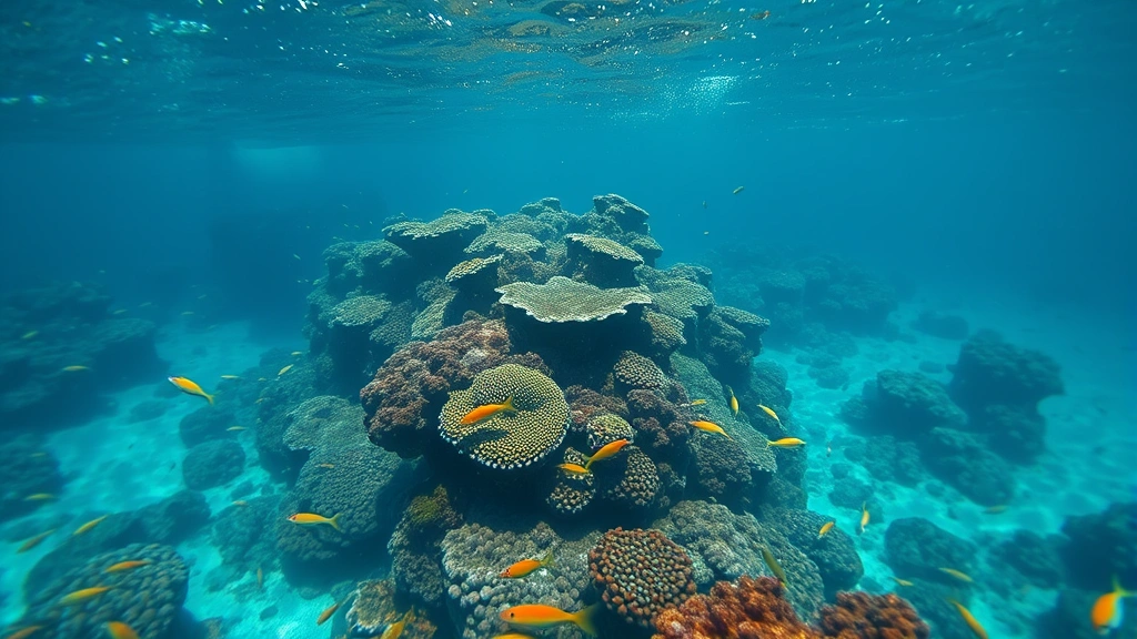 Underwater marine ecosystem with fish and coral reef, crystal clear blue water, showing pristine ocean environment that eco-friendly boat systems help protect from fuel contamination