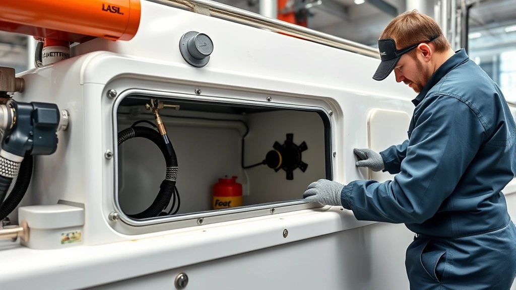 Professional marine technician installing advanced double-wall boat fuel tank system into vessel, showing precision work with modern sealing materials and overflow prevention technology, detailed technical environment