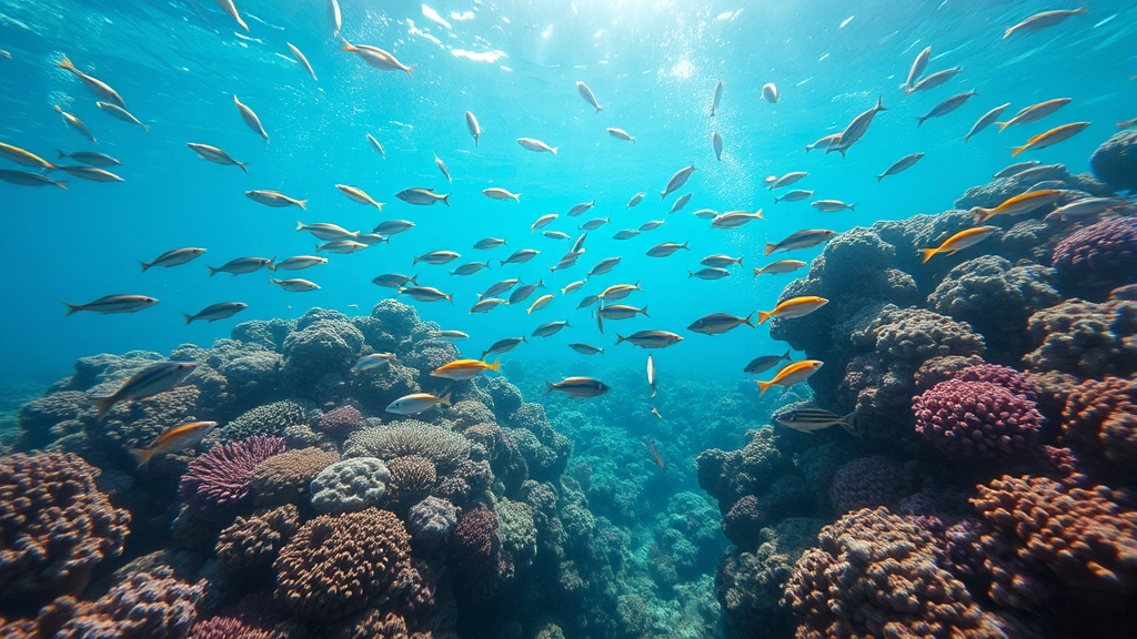 Underwater view of healthy coral reef ecosystem with vibrant fish schools swimming, representing pristine marine environment worth protecting from fuel pollution