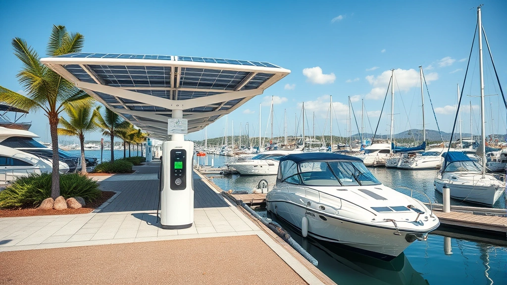 Electric boat charging station at modern eco-friendly marina with solar canopy, demonstrating renewable energy infrastructure supporting sustainable boating transition