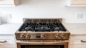 Modern stainless steel Bosch gas range in contemporary kitchen with white subway tile backsplash and marble countertops, showing precision burners and sealed cooktop design