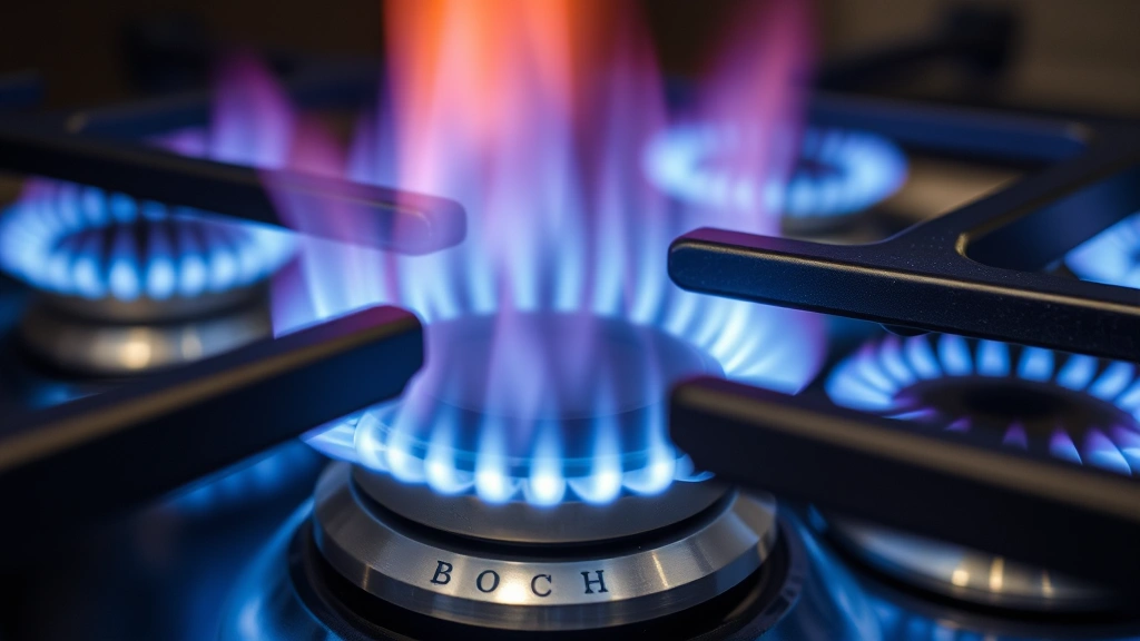 Close-up view of Bosch gas range burners ignited with blue flames, demonstrating even flame distribution and precise burner technology for optimal heat transfer efficiency