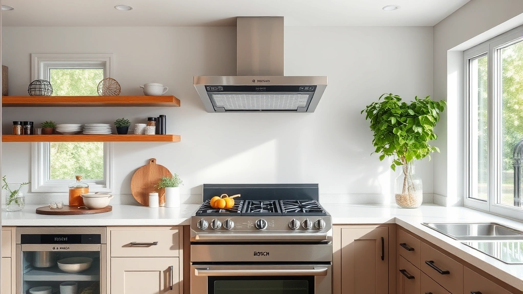 Kitchen interior featuring installed Bosch gas range with convection oven visible through glass door, surrounded by eco-friendly kitchen design elements and natural lighting from large windows