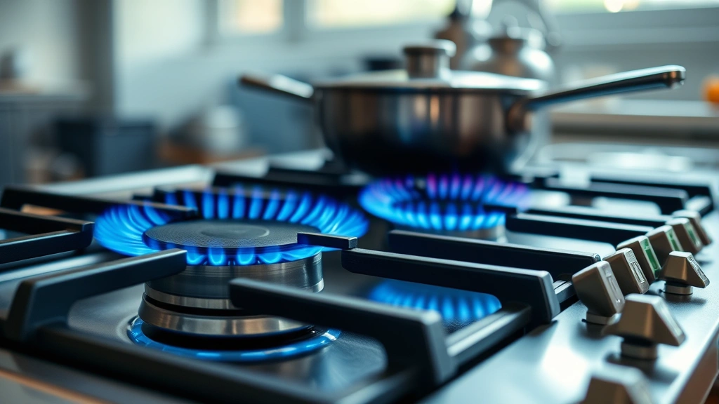 Modern stainless steel Bosch gas stovetop with blue flames ignited under cookware, professional kitchen setting, close-up of burner efficiency, natural lighting from window