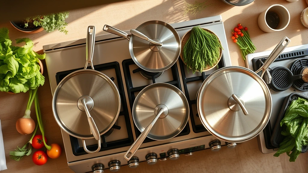 Overhead view of eco-conscious kitchen with flat-bottomed stainless steel pans with lids on gas burners, fresh vegetables nearby, sustainable cooking setup, warm natural light