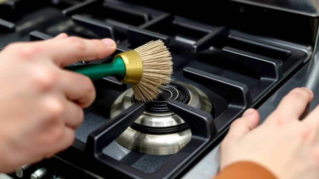 Hands cleaning burner ports of gas stove with soft brush, maintenance in progress, detailed view of precision burner engineering, clean professional kitchen environment