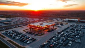 Aerial view of massive Buc-ee's travel center with hundreds of cars in parking lot, fuel pumps visible, surrounded by Texas landscape at sunset, photorealistic