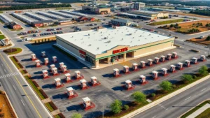 Aerial view of massive Buc-ee's convenience store complex with fuel pumps in organized rows, clean modern facility surrounded by landscaping and parking areas, daytime bright lighting, photorealistic high-resolution