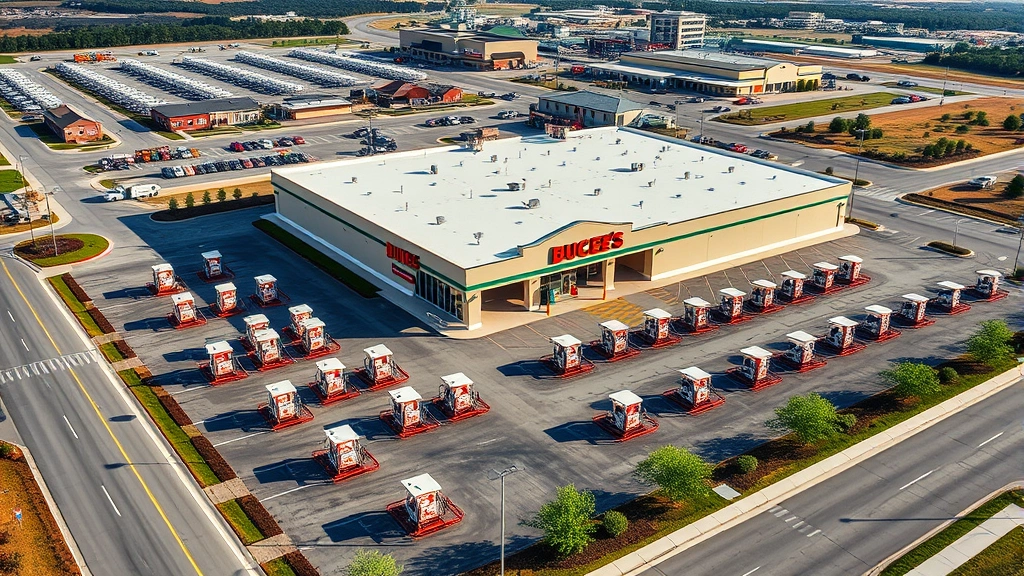 Aerial view of massive Buc-ee's convenience store complex with fuel pumps in organized rows, clean modern facility surrounded by landscaping and parking areas, daytime bright lighting, photorealistic high-resolution