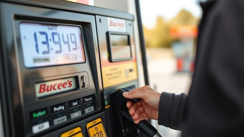 Close-up of fuel pump display screens showing price per gallon, customer inserting payment card, clean pump design with Buc-ee's branding visible, natural daylight, professional gas station setting photorealistic