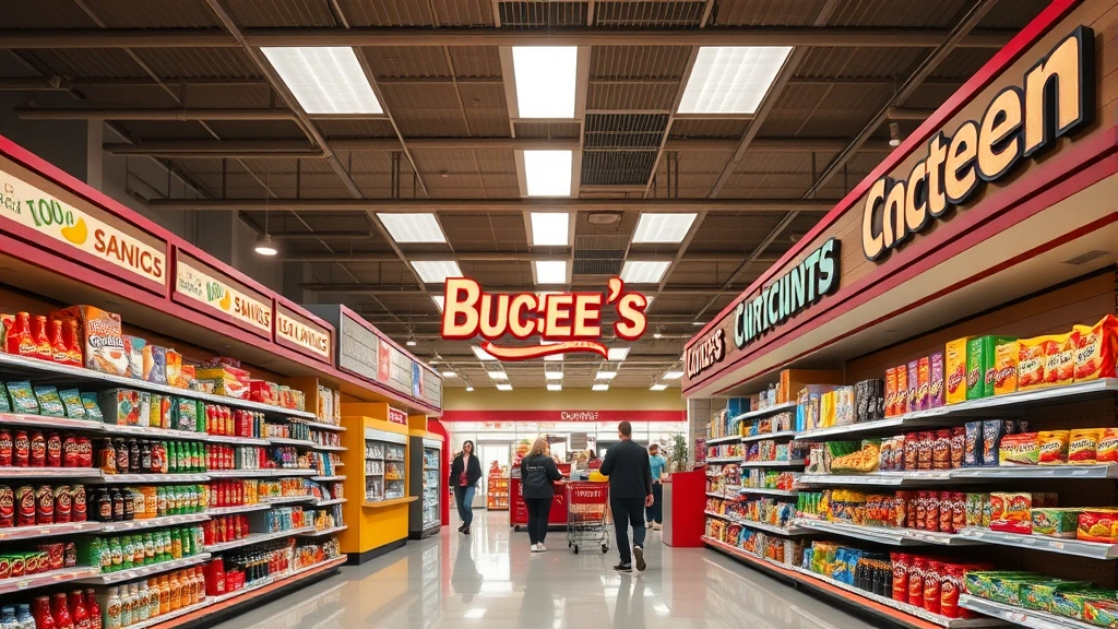 Interior view of Buc-ee's convenience store showing organized product aisles, bright fluorescent lighting, clean floors and shelves, customers shopping for snacks and beverages, modern retail environment photorealistic