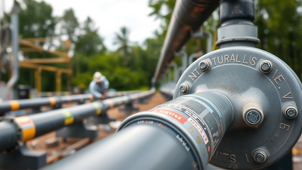 Close-up of natural gas pipeline infrastructure with safety markings and outdoor installation, industrial facility setting with trees in background, professional maintenance work visible