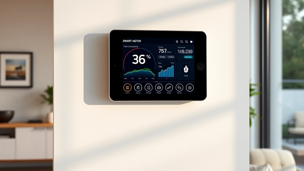Modern smart meter display showing energy consumption data on household wall, digital interface with graphs and efficiency metrics, contemporary home interior with natural lighting