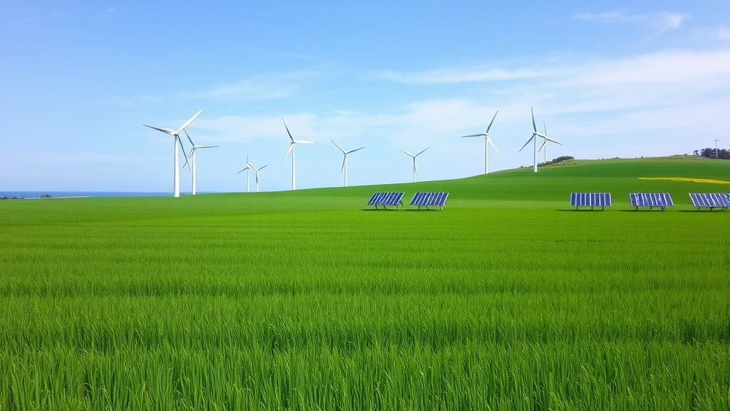 Green field landscape with wind turbines and solar panels in distance, renewable energy infrastructure in natural environment, blue sky with sustainable power generation technology visible