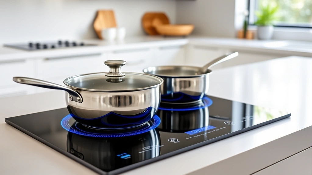 Modern induction cooktop with stainless steel cookware, glowing blue heating element, minimalist kitchen background, natural lighting, eco-conscious home aesthetic