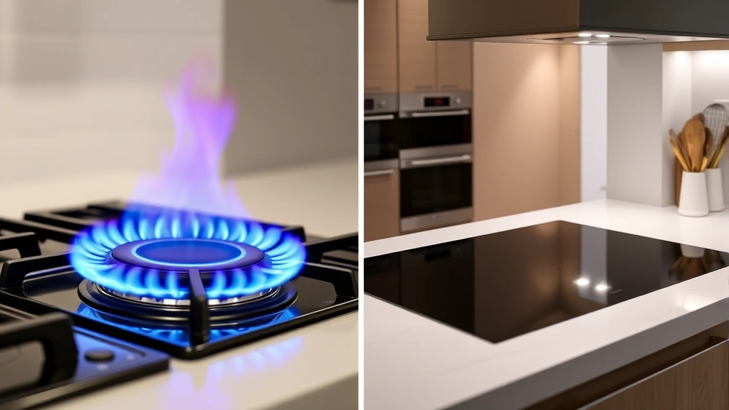 Comparison split-screen: left side shows gas flame burner with blue fire, right side shows clean induction cooktop surface, both in contemporary kitchens with neutral tones