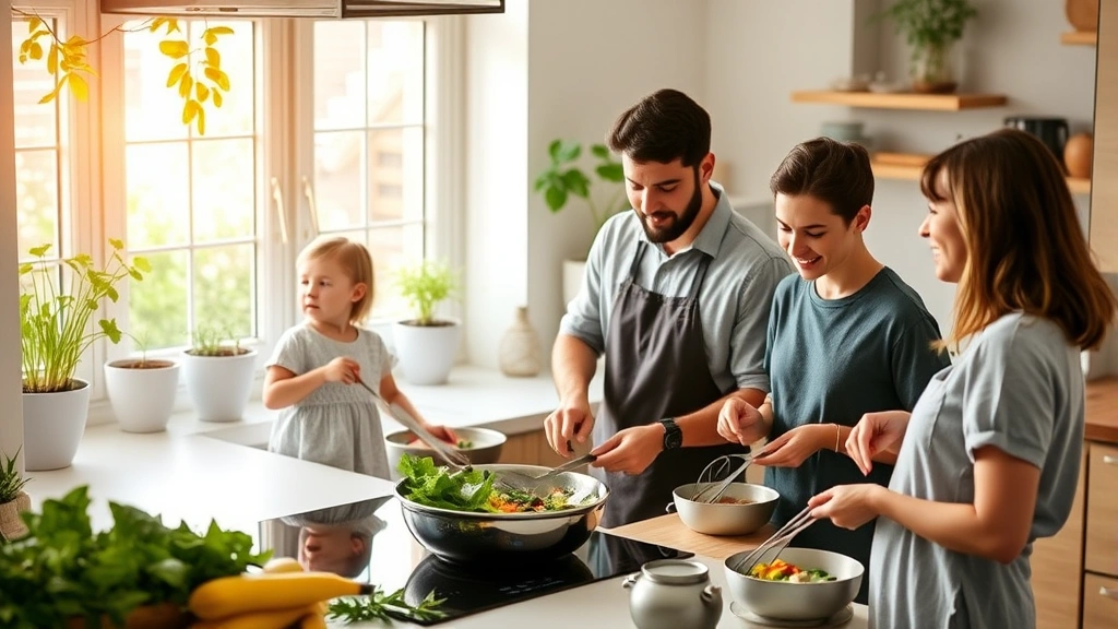 Family cooking together in bright kitchen with electric induction range, sustainable home environment, plants visible through windows, warm natural lighting, diverse cooking activity