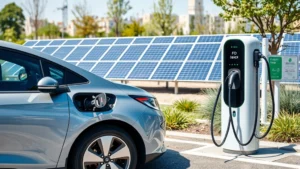 Modern electric vehicle charging at a public charging station with solar panels visible in background, clean renewable energy infrastructure, daytime outdoor setting