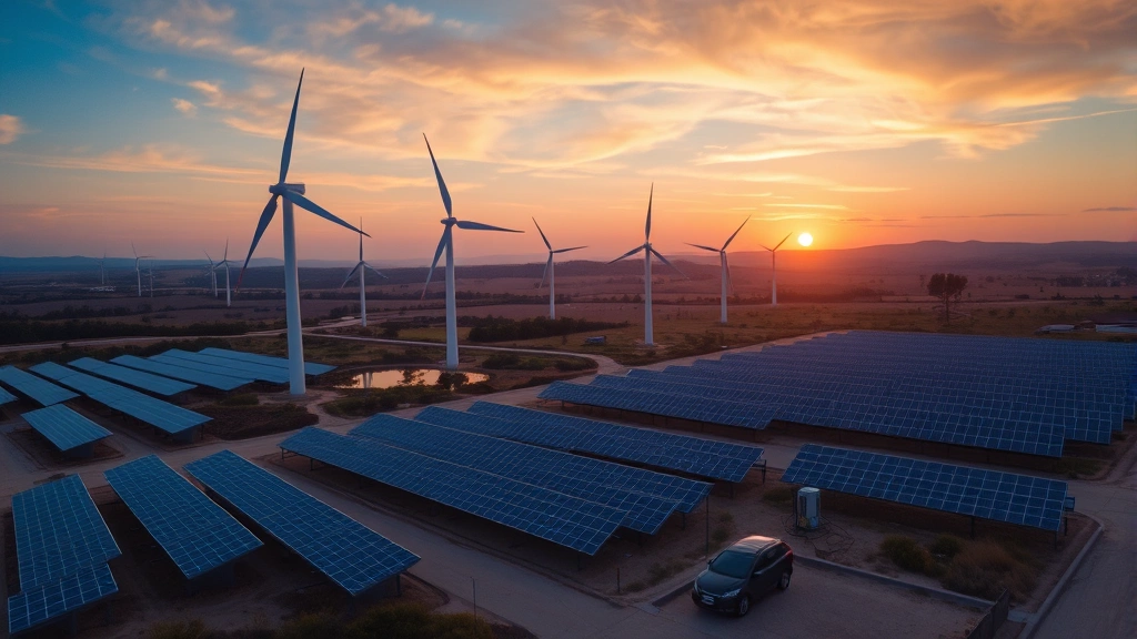 Aerial view of a wind farm and solar panel array powering an electric vehicle charging network, clean energy generation landscape at sunset