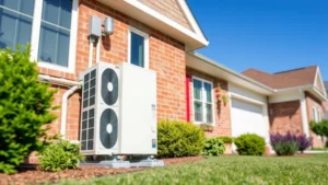 Photorealistic image of a modern residential air-source heat pump unit installed outside a suburban home with green landscaping, showing the white outdoor compressor unit against a brick house wall during daylight with clear blue sky