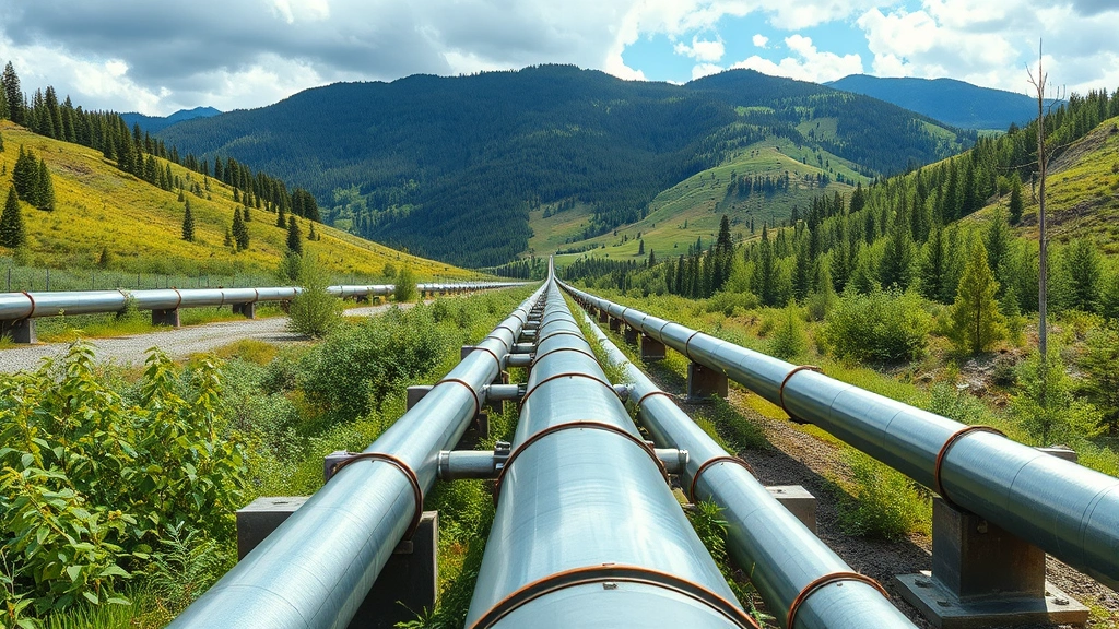 Photorealistic wide-angle image of natural gas pipeline infrastructure crossing through a green valley landscape with forested hills in background, showing industrial metal pipes on ground with environmental vegetation surrounding the area