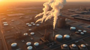 Aerial view of sprawling California refinery complex at sunset with multiple industrial structures, storage tanks, and steam emissions rising against golden sky, showing scale of fossil fuel infrastructure
