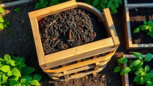 Overhead view of a wooden tumbling compost bin in a residential garden with vegetable beds visible, morning sunlight illuminating finished dark compost material being added to soil, lush green plants growing nearby, photorealistic natural lighting