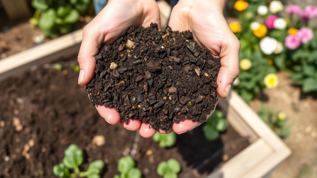 Close-up of rich, dark finished compost being held in hands above a raised garden bed with growing vegetables, showing texture and quality of decomposed organic matter, natural daylight, garden background with blooming flowers