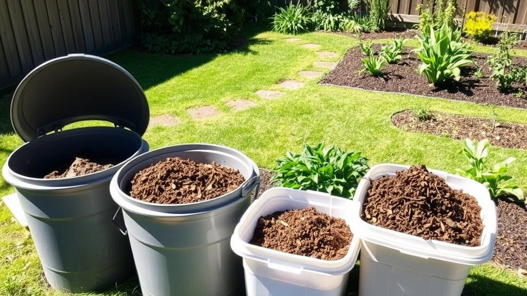 Residential backyard composting setup showing three-bin system with different decomposition stages visible, mature compost being transferred to containers, garden landscape with healthy plants and mulched beds in background, bright sunny day