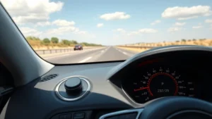 A car dashboard showing cruise control button activation with highway road stretching ahead, clear sunny day, photorealistic modern vehicle interior with digital speedometer displaying steady speed